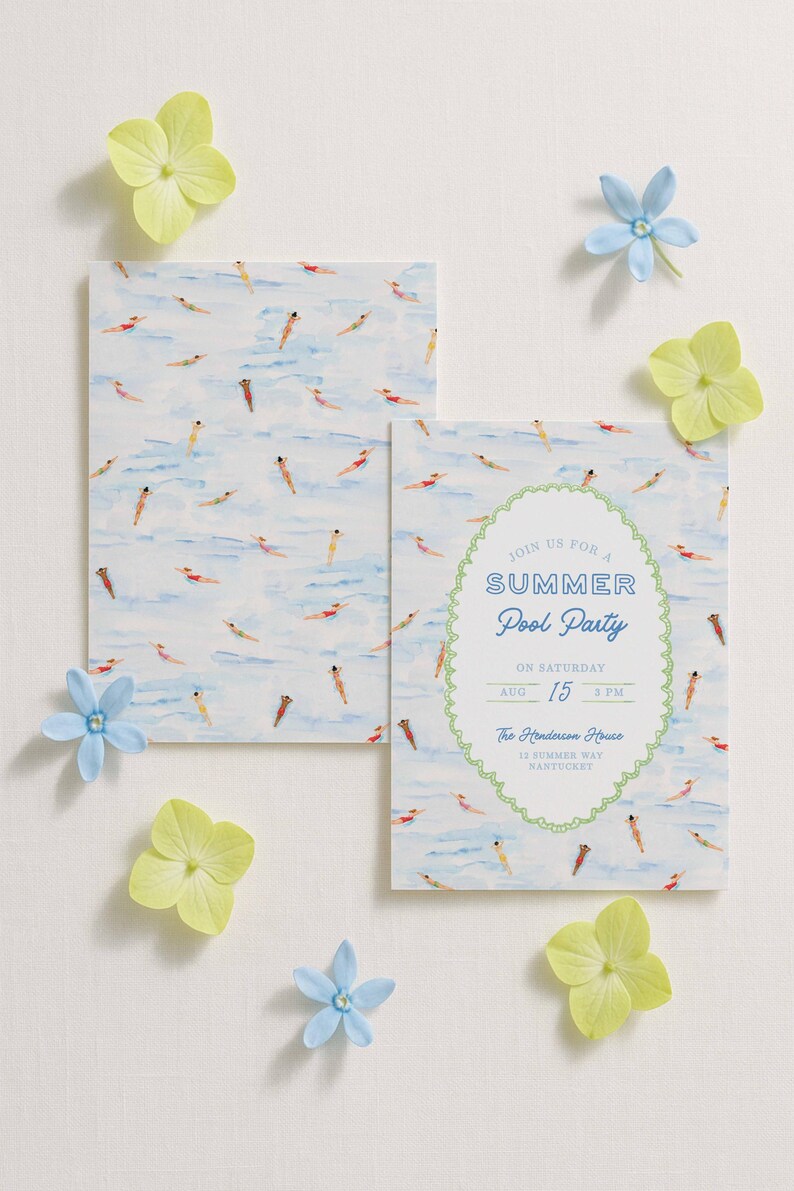 May include: Two rectangular invitation cards featuring a watercolor pattern of people swimming in blue water. One card includes text: JOIN US FOR A SUMMER Pool Party ON SATURDAY AUG 15 3 PM The Henderson House 13 SUMMER WAY NANTUCKET inside a green oval.