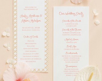 Rattan Wedding Program Template, Hand Painted Watercolor Natural Cane Pattern, Peach Breeze