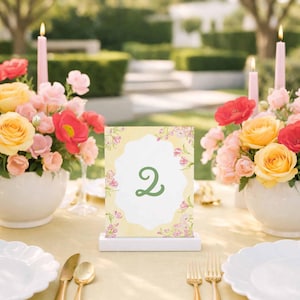 Whimsical Garden Table Number Template, Watercolor Yellow, Peach, Pink and White Accents, Hand Painted Florals, Wavy Border Shape, Soleil