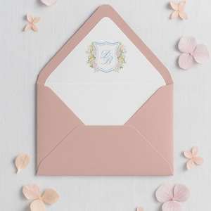 Blooming Crest Envelope Liner Template, Watercolor Floral Invitation Liner for A7 Euro & Square Flap Envelopes, Garden Wedding Event Decor