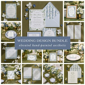 Blue, White & Green Wedding Bundle Template, Elegant Hand Painted Watercolor Florals and Stripes, Canva Editable Stationery Set, Jardin