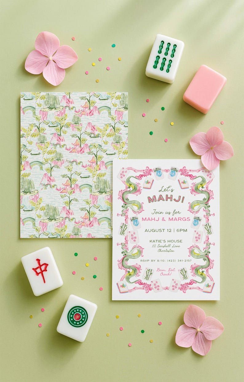 Mahj & Margs Invite Template, Mahjong Party Invitation, Hand Painted Watercolor, Game Night, Mahjong Tiles and Cane Frame image 3