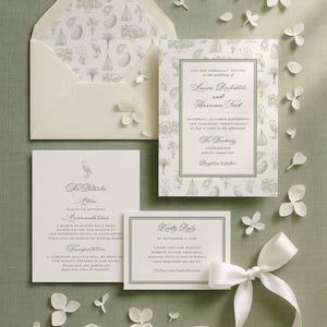 Southern Toile Invitation Suite, Coastal Palmetto & Egret Design, Southern Wedding Invitation Template, Printable Invitation, Canva Editable