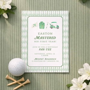 Golf Birthday Invitation Template, Hand Painted Watercolor Green Masters Theme, Boy's Bday Party Invite, First Birthday Golf Celebration