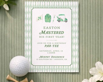 Golf Birthday Invitation Template, Hand Painted Watercolor Green Masters Theme, Boy's Bday Party Invite, First Birthday Golf Celebration