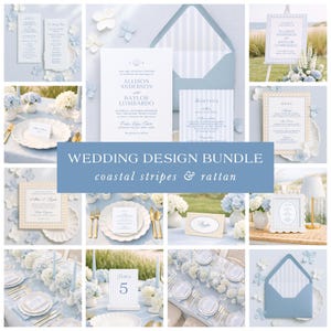 May include: A wedding design bundle featuring invitations, menus, and table settings. The stationery has a coastal theme with blue and white stripes and rattan accents. The text on the invitation reads "Allison Anderson and Baylor Lombardo."