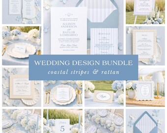 Coastal Striped Wedding Bundle Template, Nautical Rattan Pattern, Editable Canva Wedding Kit, Beach Wedding Stationery Set, Marina