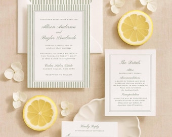 Green Stripe Wedding Invitation Template, Watercolor Stripe Invite Suite, Editable Canva Set, Classic Wedding Invitation, Printable, Grove