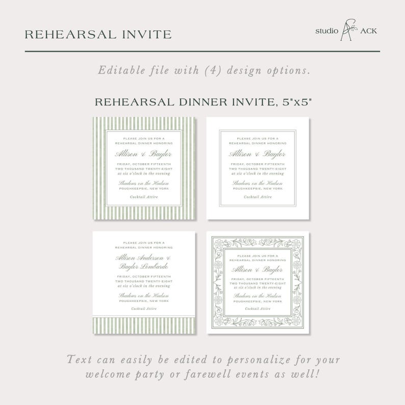 Green Stripe Rehearsal Dinner Invitation, Watercolor Stripe Rehearsal Template, Editable Canva Printable Invite Insert Card, Grove image 4