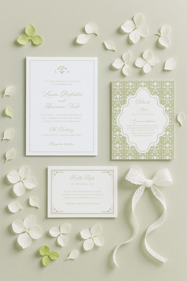 a wedding invitation, a card, and some white flowers arranged on a light background.
