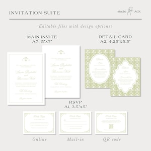 a collection of wedding invitation suite designs, including the main invitee, detail card, RSVP, online, and mail-in options. The invitation suite designs are editable with design options, and they come in various sizes, such as A7, A2, and A4. The designs feature a green and white color scheme, and they are presented in a collage format.
