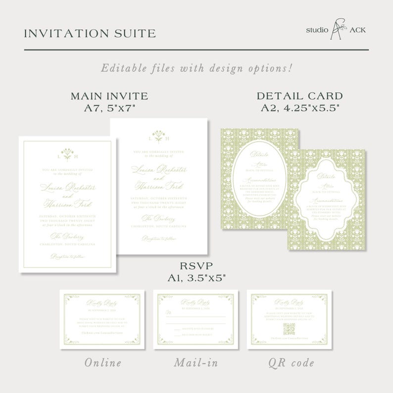 a collection of wedding invitation suite designs, including the main invitee, detail card, RSVP, online, and mail-in options. The invitation suite designs are editable with design options, and they come in various sizes, such as A7, A2, and A4. The designs feature a green and white color scheme, and they are presented in a collage format.