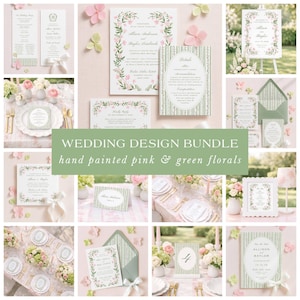 Watercolor Wedding Bundle Template, Hand Painted Green & Pink Floral, Grandmillennial Editable Wedding Stationery Set with Crest, Bellafleur