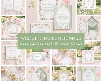 Watercolor Wedding Bundle Template, Hand Painted Green & Pink Floral, Grandmillennial Editable Wedding Stationery Set with Crest, Bellafleur
