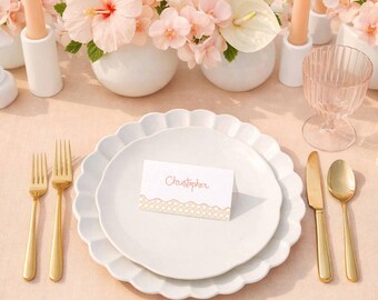 Whimsical Beach Place Card Template, Scalloped Seashell Watercolor Art, Wedding Name Card, Hand Painted Peach and Pink Design, Peach Breeze