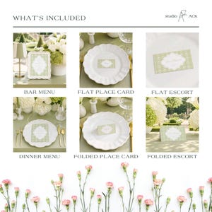 The image is a collage of six different images depicting various elements of a dining experience, including place cards, dinner menus, and folded place cards.