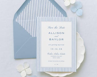 Save the Date Template, Hand Painted Watercolor Stripes, Blue Theme, Editable Save the Date for Weddings, Dusty Blue Wedding Style, Oxford