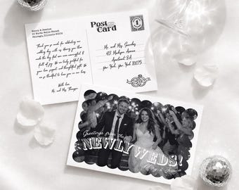 Wedding Thank You Cards, Printable Scalloped Vintage Photo Postcard, Customizable Canva Digital Files for Newlywed Thank You Notes