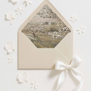 Flowering Trees Envelope Liners | Neutral Floral Landscape A7 Euro Flap Liner | Wedding Envelope Art | Vintage-Inspired Luxury Invite Design