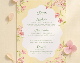 Whimsical Floral Menu Template, Watercolor Garden Dinner Menu, Spring or Summer Event, Garden Party, Printable Editable Menu Card, Sunset3