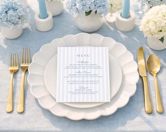 Coastal Striped Menu Template, Nautical Beach Wedding Menu Card, Editable 5x7 Stripe Pattern, Customizable Wedding Menu Design, Marina