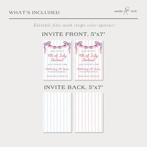 May include: Two invitation designs for a 4th of July cookout, each 12.7cm x 17.8cm. The front design features red, white, and blue patriotic decorations and text. The back design has vertical stripes. The text reads "Join us for a 4th of July Cookout" and "Celebrating 250 Years of Independence!"