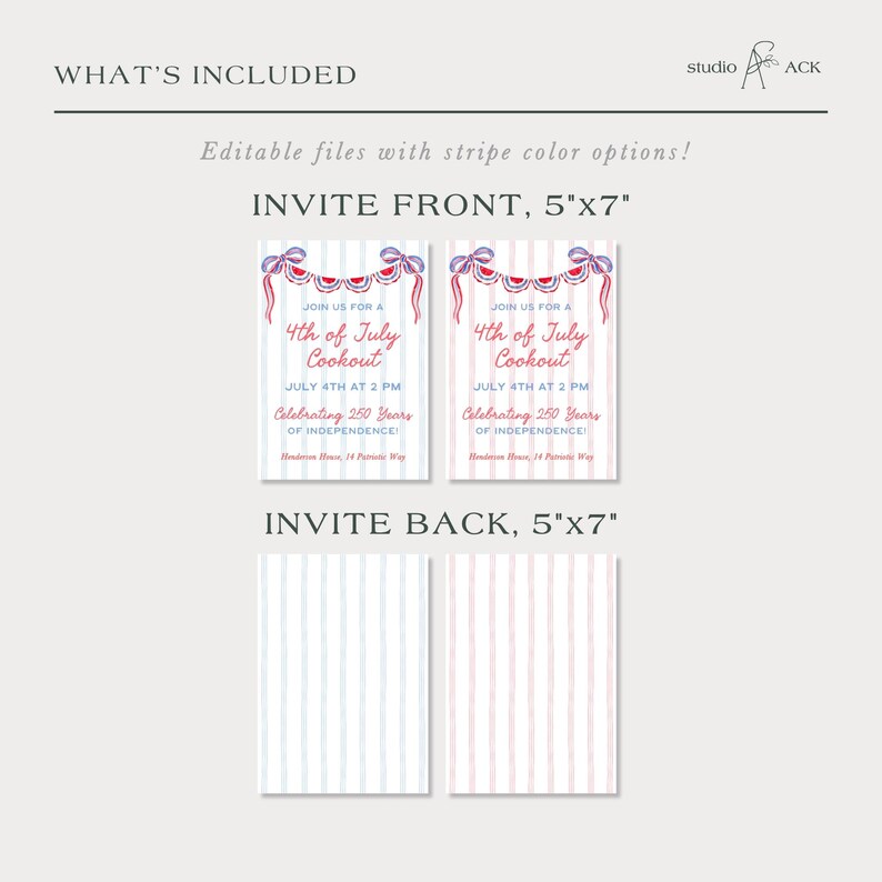 May include: Two invitation designs for a 4th of July cookout, each 12.7cm x 17.8cm. The front design features red, white, and blue patriotic decorations and text. The back design has vertical stripes. The text reads "Join us for a 4th of July Cookout" and "Celebrating 250 Years of Independence!"