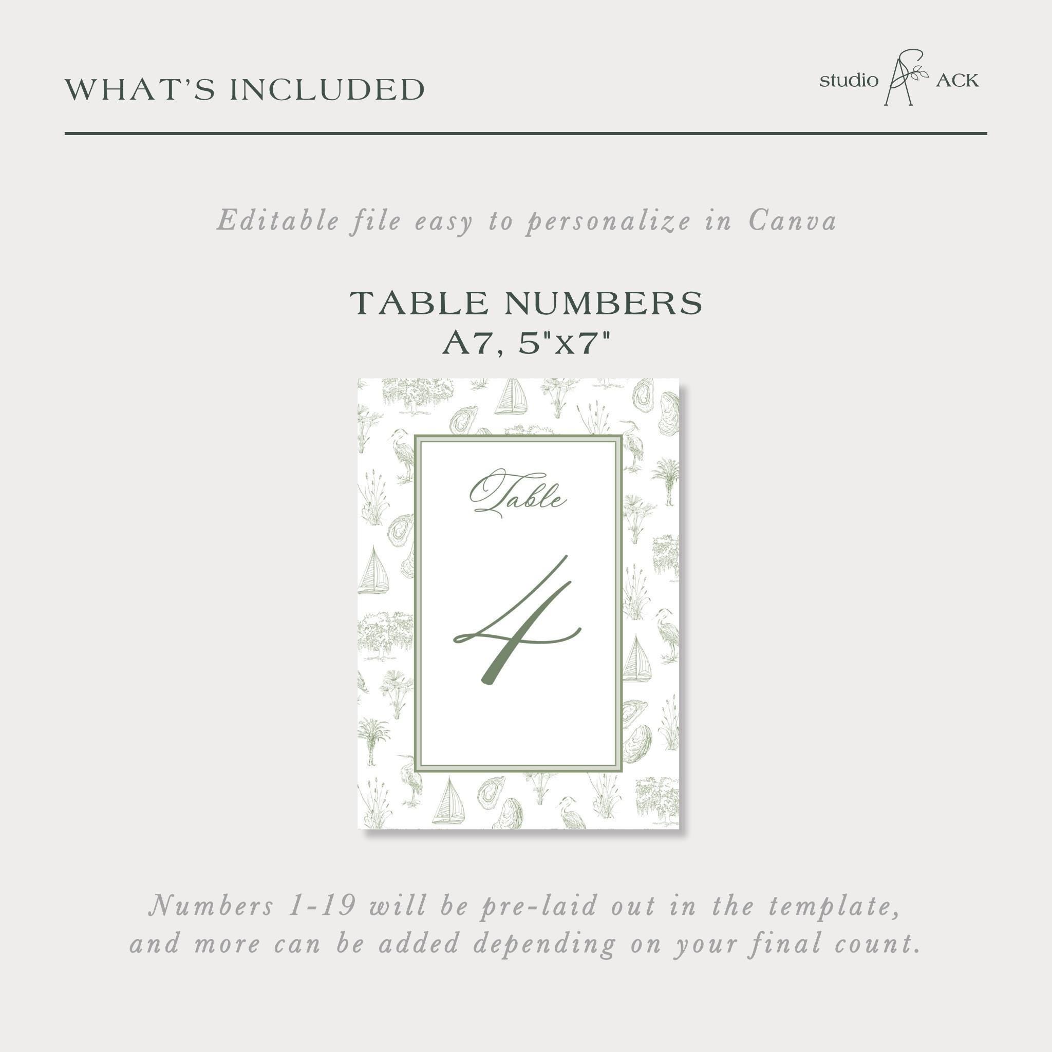 Southern Toile Table Numbers, Coastal Palmetto & Egret Pattern, Fine ...