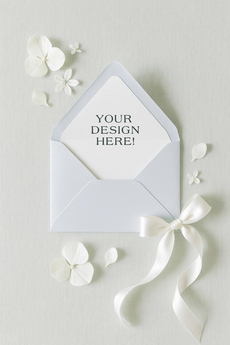 May include: A light blue envelope containing a white card with the text "YOUR DESIGN HERE!" printed in dark gray. The envelope is decorated with white flower petals and a white satin ribbon tied in a bow on the bottom right corner.