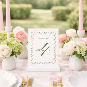 Watercolor Pink Floral Table Numbers, Wavy Scalloped Green Border, Wedding Signage, Garden Wedding Decor, Printable Canva Template, Floral4