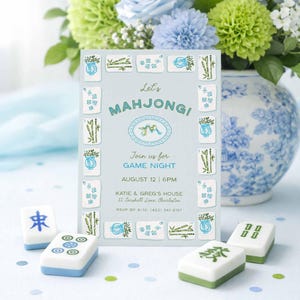 Mahjong Game Night Template, Digital or Printable Mahj Party Invite, Hand Painted Watercolor Mahjong Tiles, Blue and Green Theme