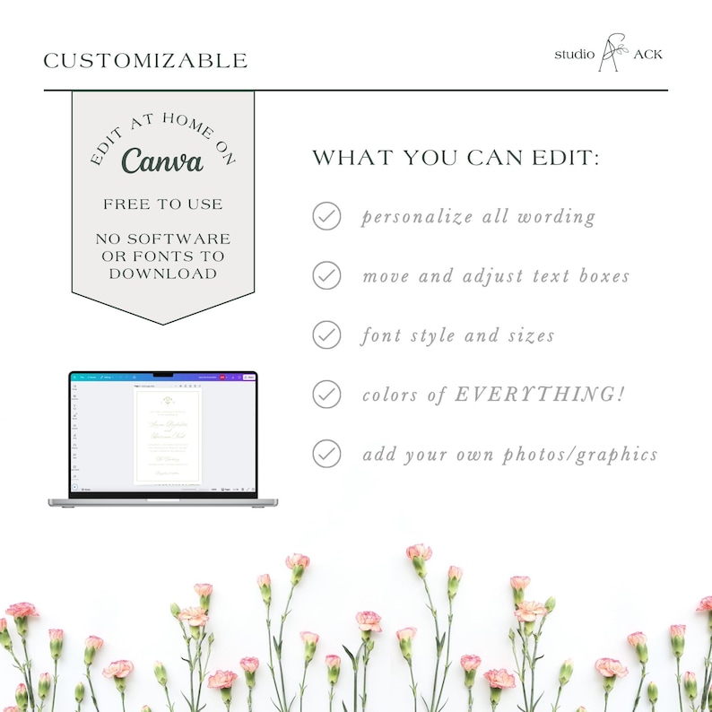 a laptop with a floral background, and there is text that provides information about a customizable editing tool called Canva.