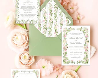 Hand Painted Watercolor Wedding Invitation Suite, Editable Canva Templates, Floral Invite Set with RSVP Cards, Elegant Garden, Bloomfield