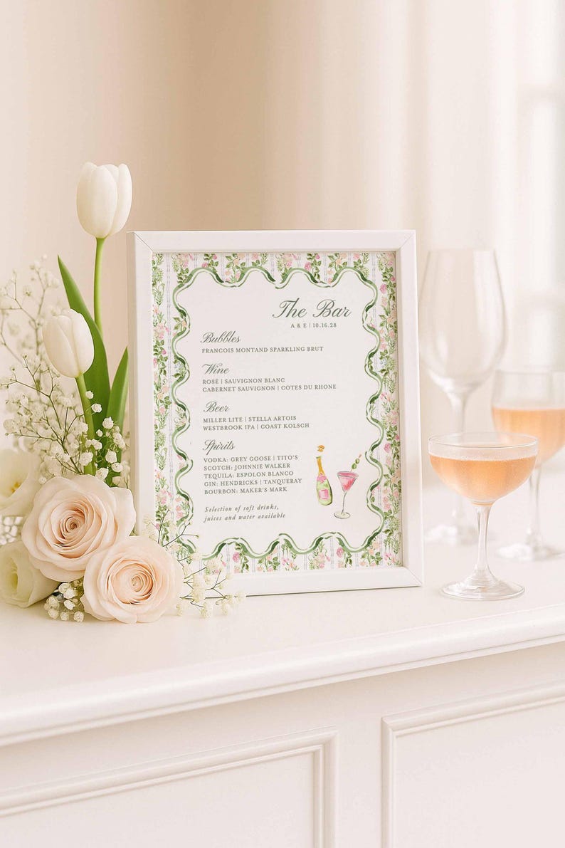 Hand-Painted Wedding Bar Menu Template, Watercolor Signature Drinks Sign, Editable Canva Bar Sign, Cocktail Menu Printable, Bloomfield afbeelding 1