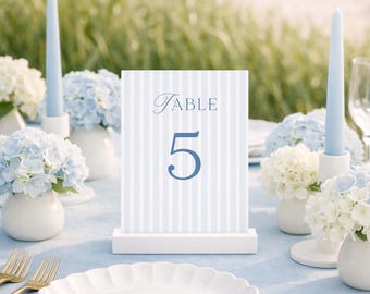 Coastal Stripe Wedding Table Numbers, Nautical Beach Decor, Striped Event Signage, Printable Canva Template, Wedding Seating Cards, Marina