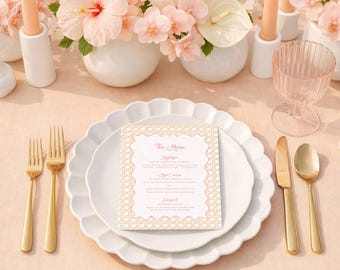 Rattan Menu Template, Hand Painted Watercolor Natural Cane Pattern, Warm Coastal Wedding Dinner Menu, Editable Canva Design, Peach Breeze