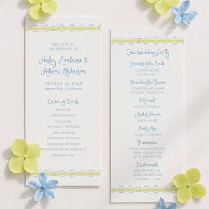 Creative Wavy Wedding Program Template, Hand Painted Modern Wedding, Fun Chartreuse, Green and Blue Watercolor Art, Unique Pattern, Waverly
