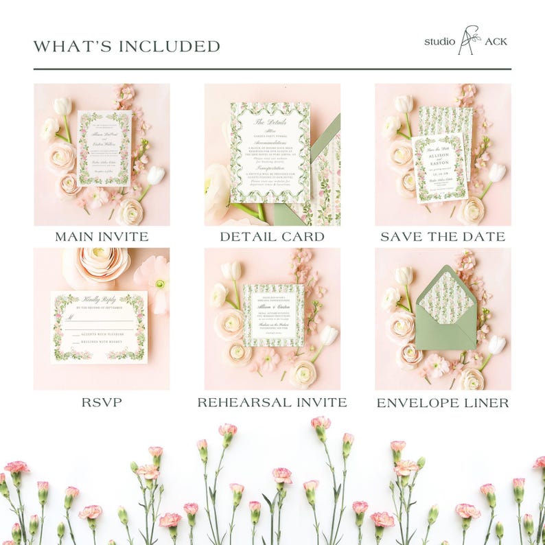 Green envelope with matching floral liner and coordinating watercolor invitation placed among blush flowers. Overview of wedding invitation suite components from Studio ACK, showing main invite, details card, save the date, RSVP, rehearsal card, and envelope liner styled with florals.