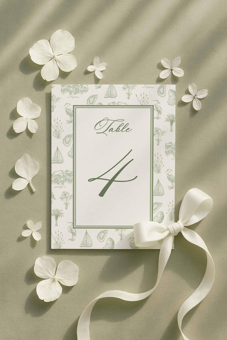 Southern Toile Table Numbers, Coastal Palmetto & Egret Pattern, Fine ...
