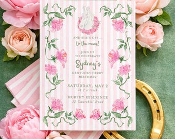 Kentucky Derby Birthday Party Invitation Template, Hand Painted Watercolor Roses and Stripes Derby Theme, Pink Girls Birthday Horse Theme
