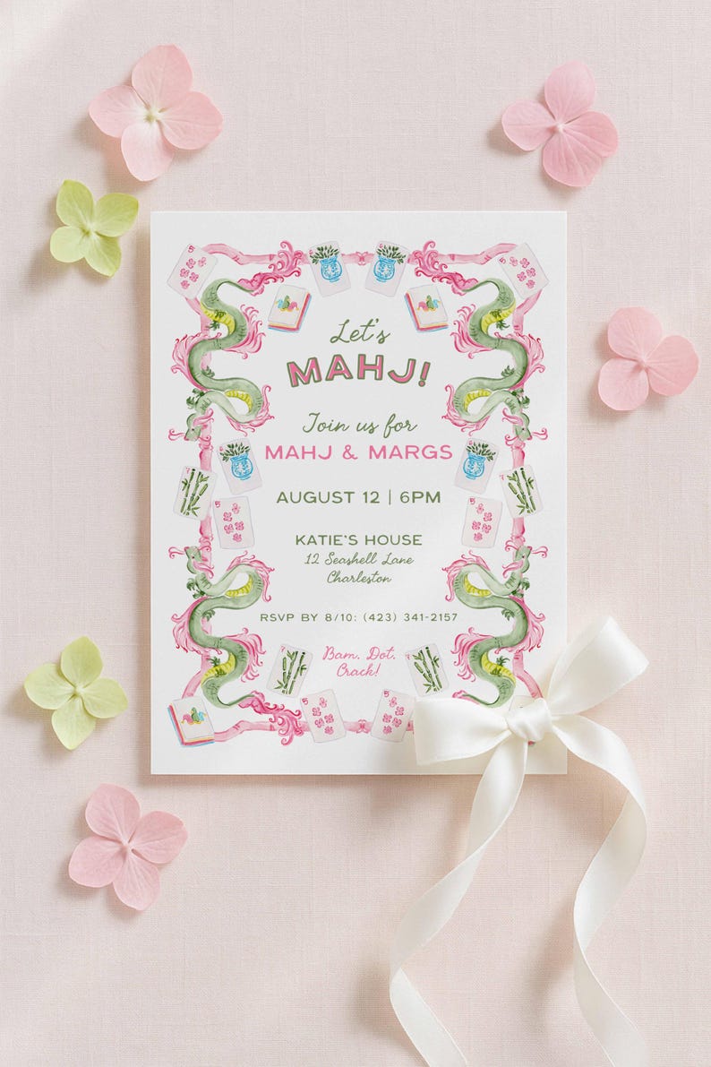 May include: A watercolour invitation for a Mahjong party. The invitation features the text "Let's MAHJ!" and "Join us for MAHJ & MARGS". The design includes green dragons, pink accents, and Mahjong tiles. Pink and green flowers and a white ribbon complete the design.