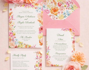 Colorful Wedding Invitation Suite, Hand Painted Watercolor Floral, Peach, Pink and Orange Bright Flowers Wedding Suite Template, Colorbloom