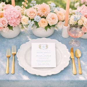 Blooming Crest Menu Template, Watercolor Colorful Florals, Wedding Menu Card Editable 5x7, Reception, Dinner, Customizable, Instant Download