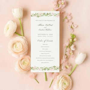 Hand Painted Wedding Ceremony Program, 4x9 Tall Double-Sided Template, Floral Watercolor Order of Events, Editable Canva Program, Bloomfield