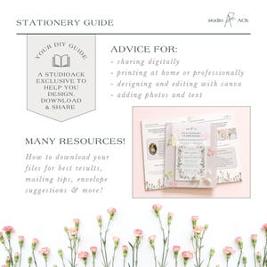 May include: A stationery guide with the text "STATIONERY GUIDE" at the top. The image includes a DIY guide, advice for sharing digitally, printing, designing, and adding photos. It also mentions many resources and how to download files.