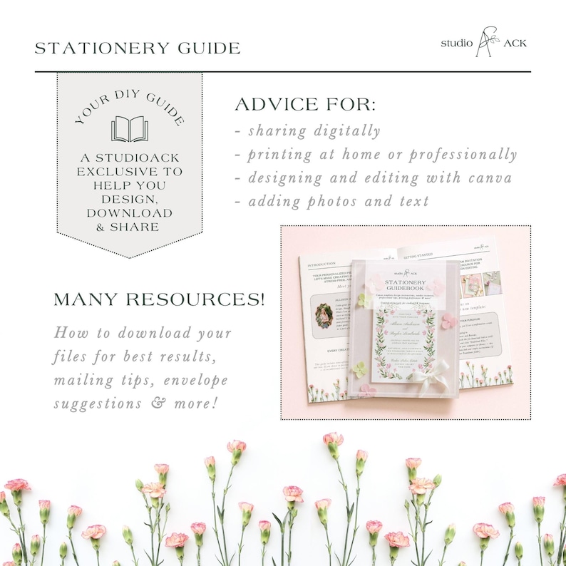 May include: A stationery guide with the text "STATIONERY GUIDE" at the top. The image includes a DIY guide, advice for sharing digitally, printing, designing, and adding photos. It also mentions many resources and how to download files.