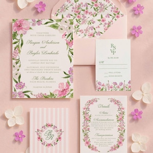 May include: A collection of wedding stationery with floral designs. The invitation features the names "Reagan Anderson and Baylor Lombardo". The RSVP card and details card are also included, along with a striped card and floral envelope. Pink and white flowers are scattered around the stationery.