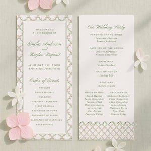 Watercolor Wedding Program Template, Pink Floral Trellis Design, Hand Painted Wavy Scalloped Border, Printable Ceremony Welcome, Treillage