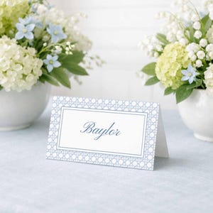 Blue Rattan Watercolor Wedding Place Card Template, Folded & Flat Seating Cards, Watercolor Cane Pattern Design, Veranda