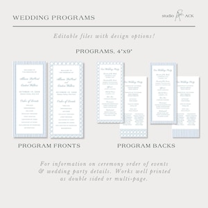 Watercolor Blue Wedding Program Template, Double-Sided Ceremony Outline, Rattan and Stripes, Order of Events, Editable in Canva, Veranda Bild 7